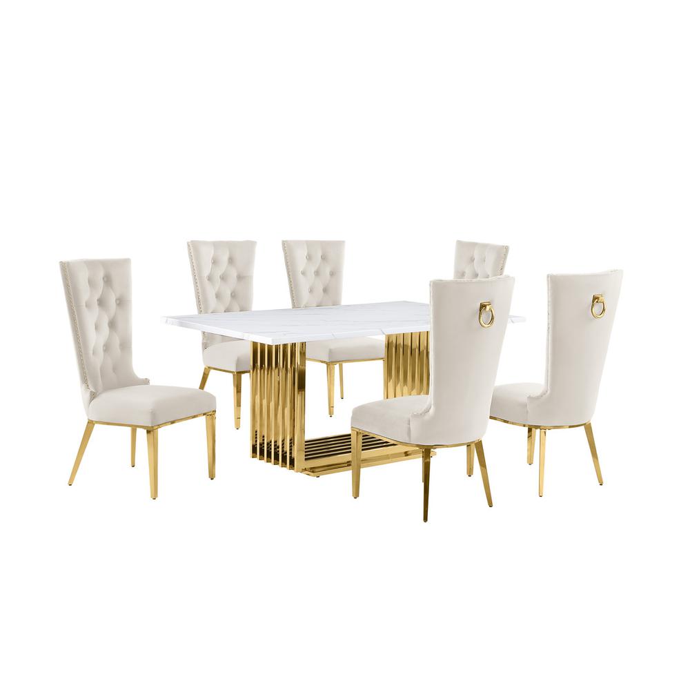 7pc Small(68") marble top dining set with gold base and 6 Cream side chairs. Picture 1