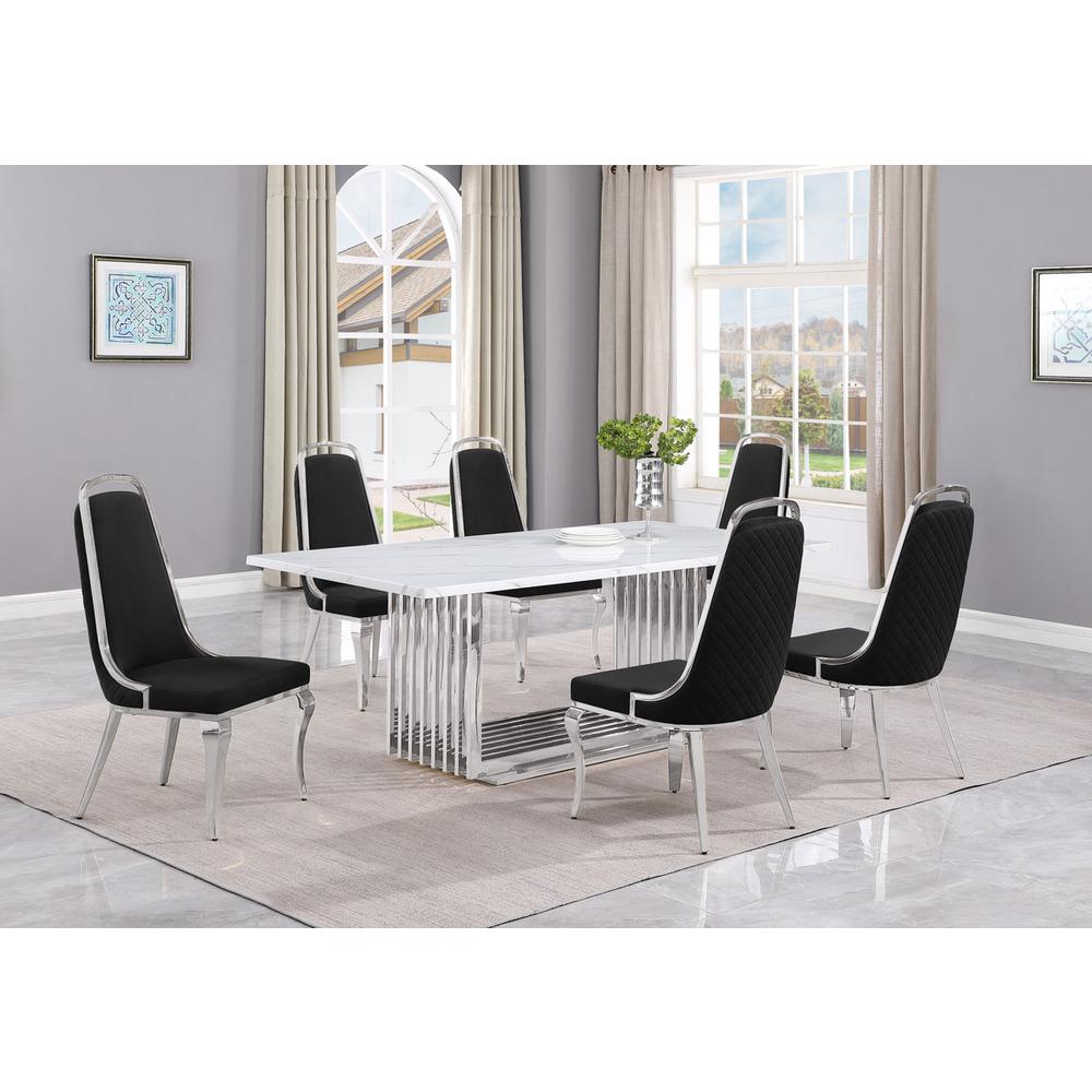 7pc Large(79") marble top dining set with silver base and 6 Black side chairs. Picture 5
