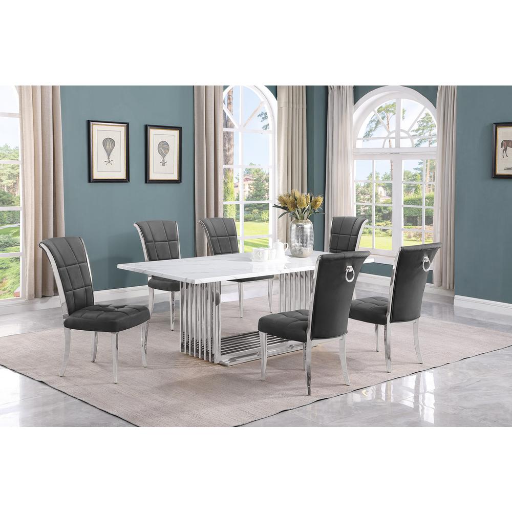 7pc Large(79") marble top dining set with silver base and 6 Dark grey chairs. Picture 5