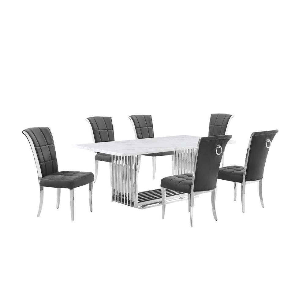 7pc Large(79") marble top dining set with silver base and 6 Dark grey chairs. Picture 1
