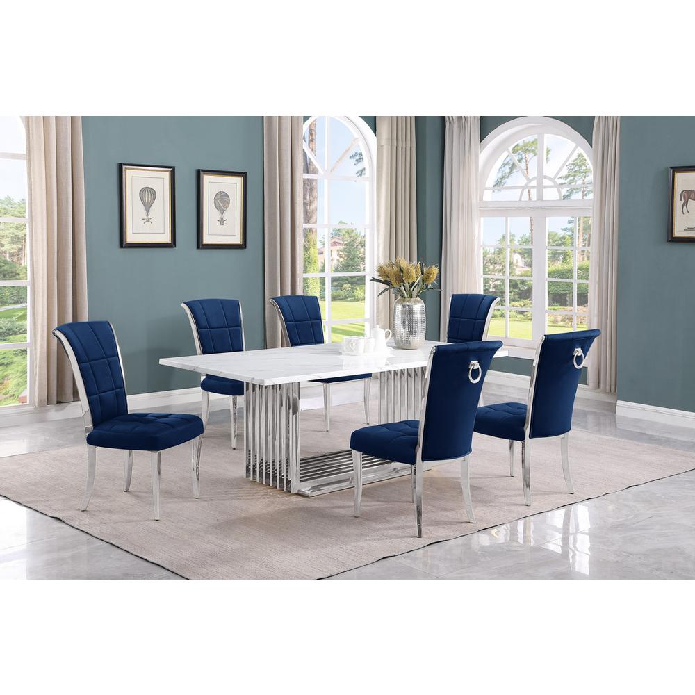 7pc Large(79") marble top dining set with silver base and 6 Navy blue chairs. Picture 5