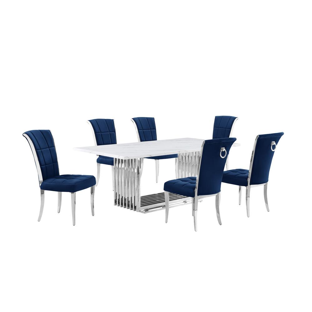 7pc Large(79") marble top dining set with silver base and 6 Navy blue chairs. Picture 1