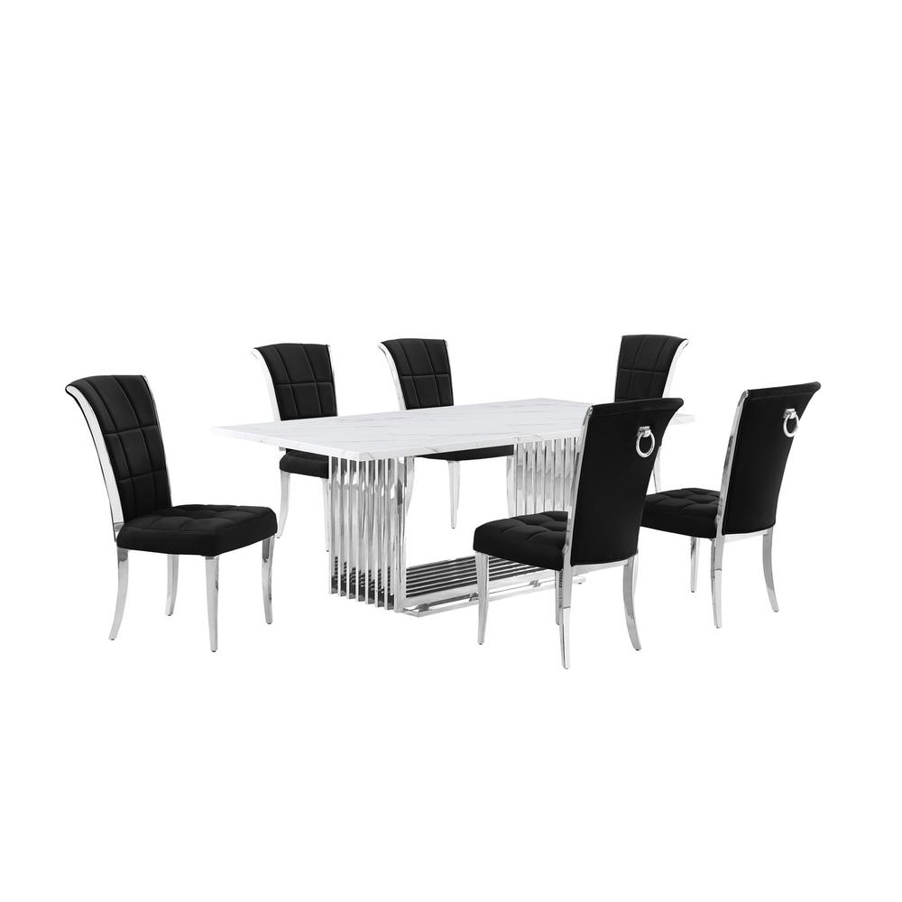7pc Large(79") marble top dining set with silver base and 6 Black side chairs. Picture 1