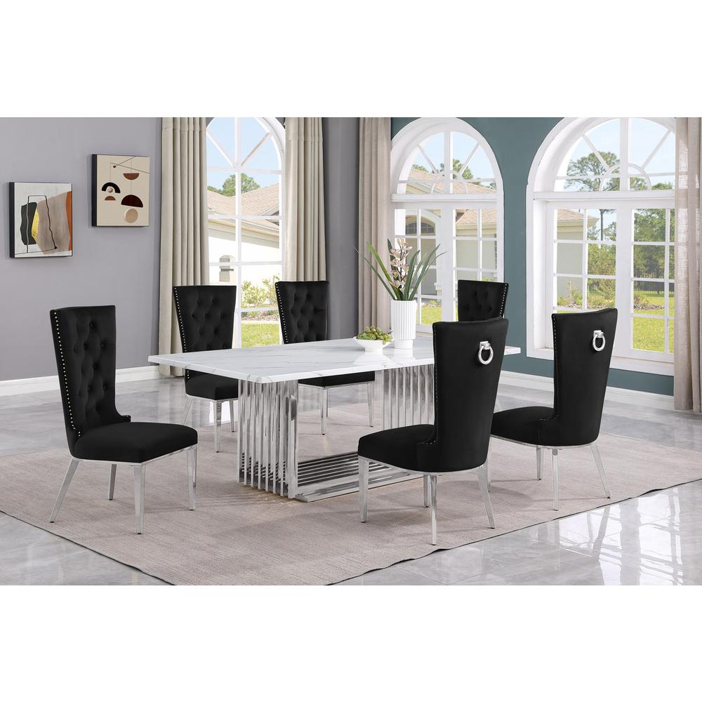 7pc Large(79") marble top dining set with silver base and 6 Black side chairs. Picture 5