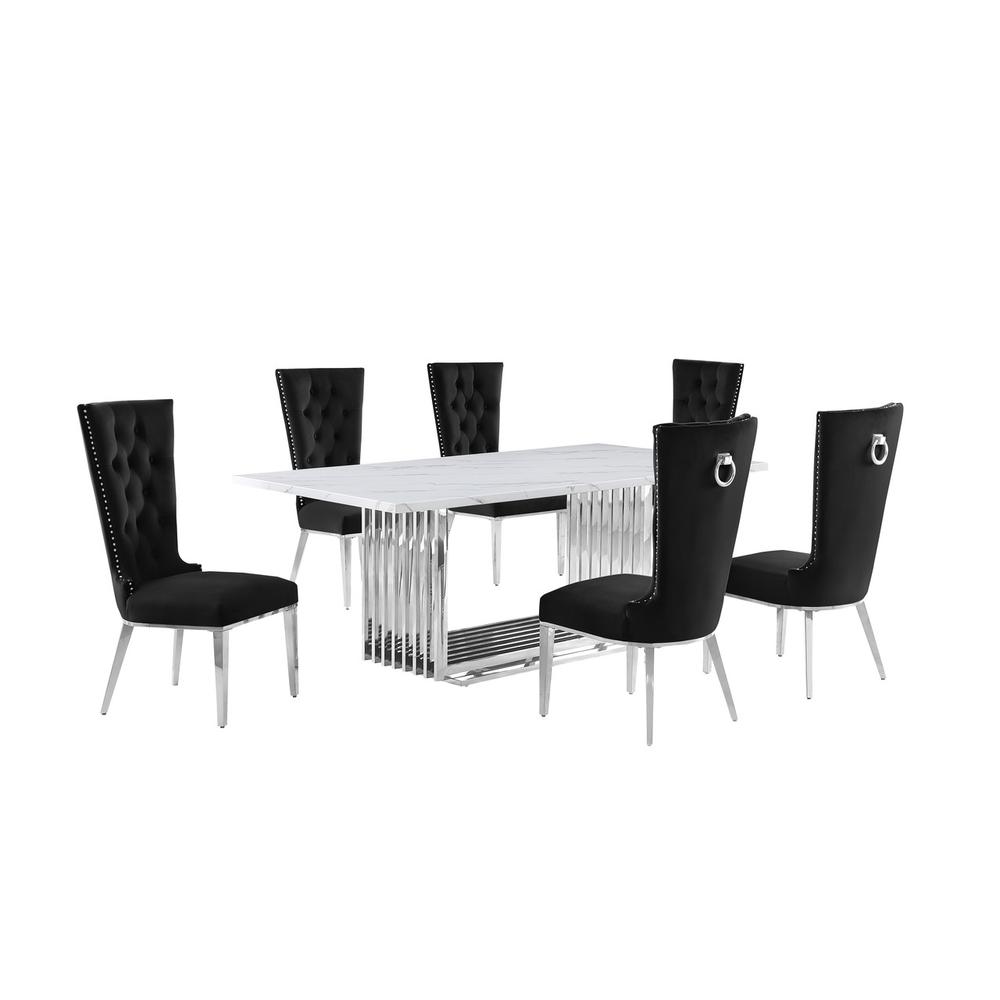 7pc Large(79") marble top dining set with silver base and 6 Black side chairs. Picture 1