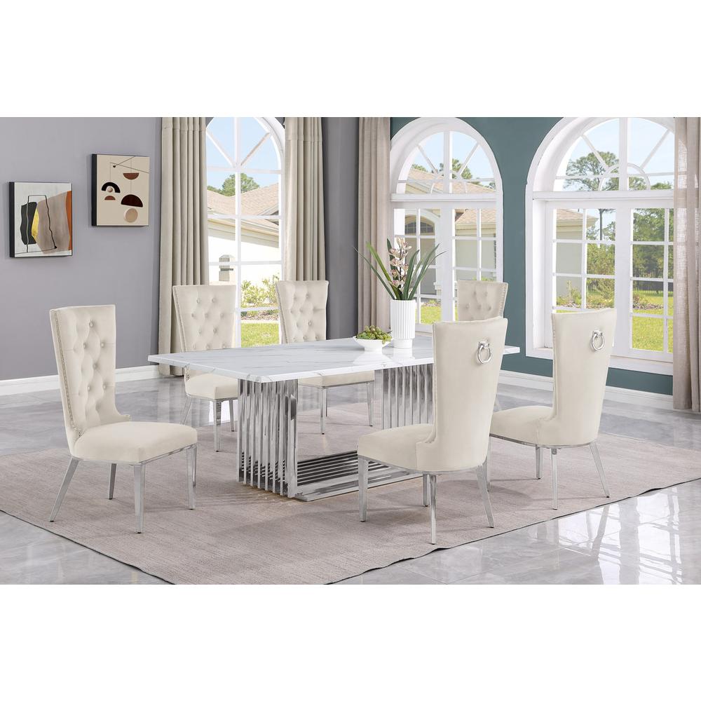 7pc Large(79") marble top dining set with silver base and 6 Cream side chairs. Picture 5