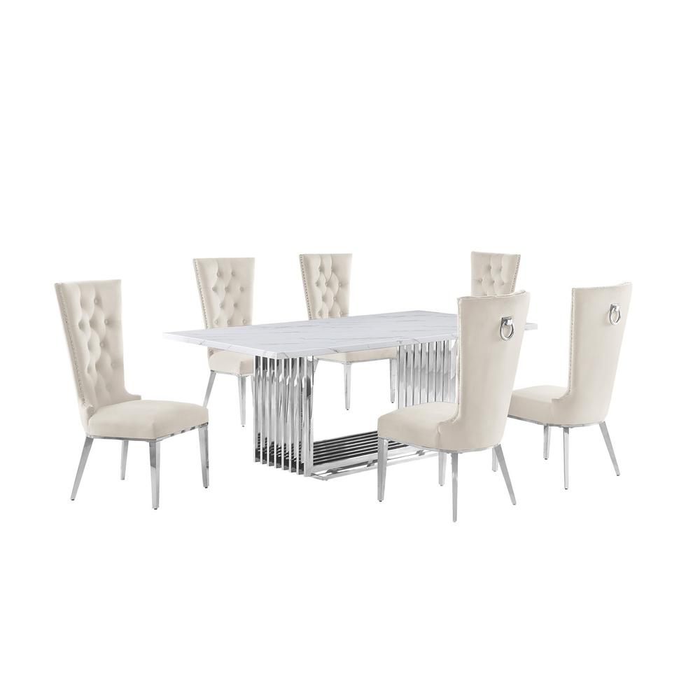 7pc Large(79") marble top dining set with silver base and 6 Cream side chairs. Picture 1