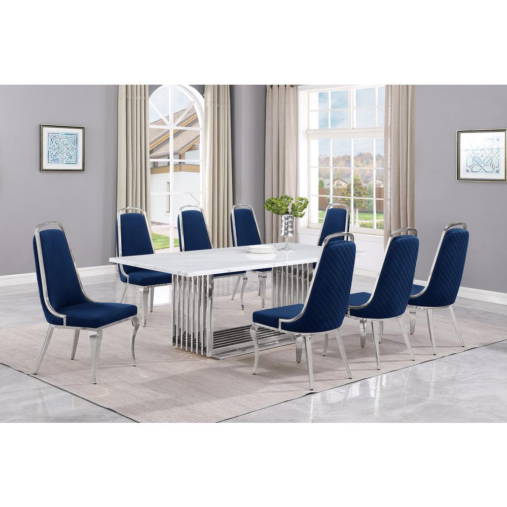 9pc Large(79") marble top dining set with silver base and 8 Navy blue chairs. Picture 5