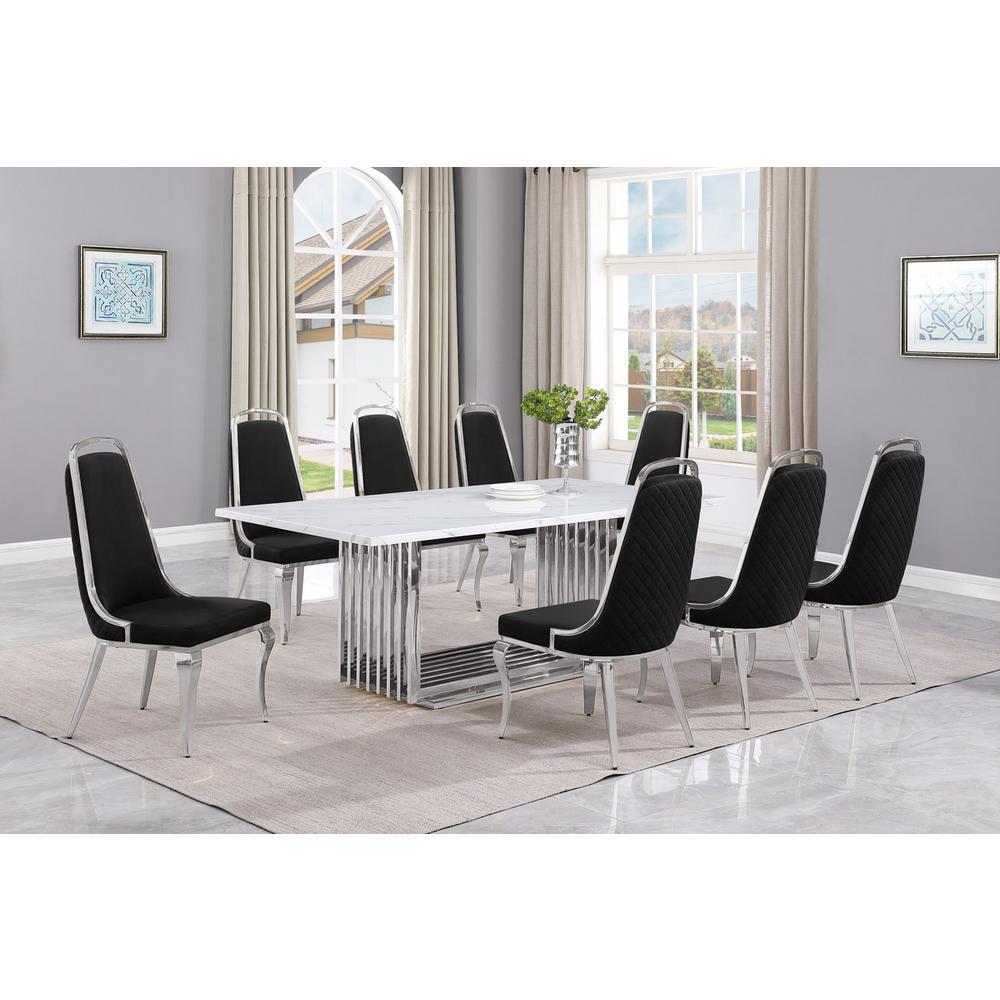 9pc Large(79") marble top dining set with silver base and 8 Black side chairs. Picture 5