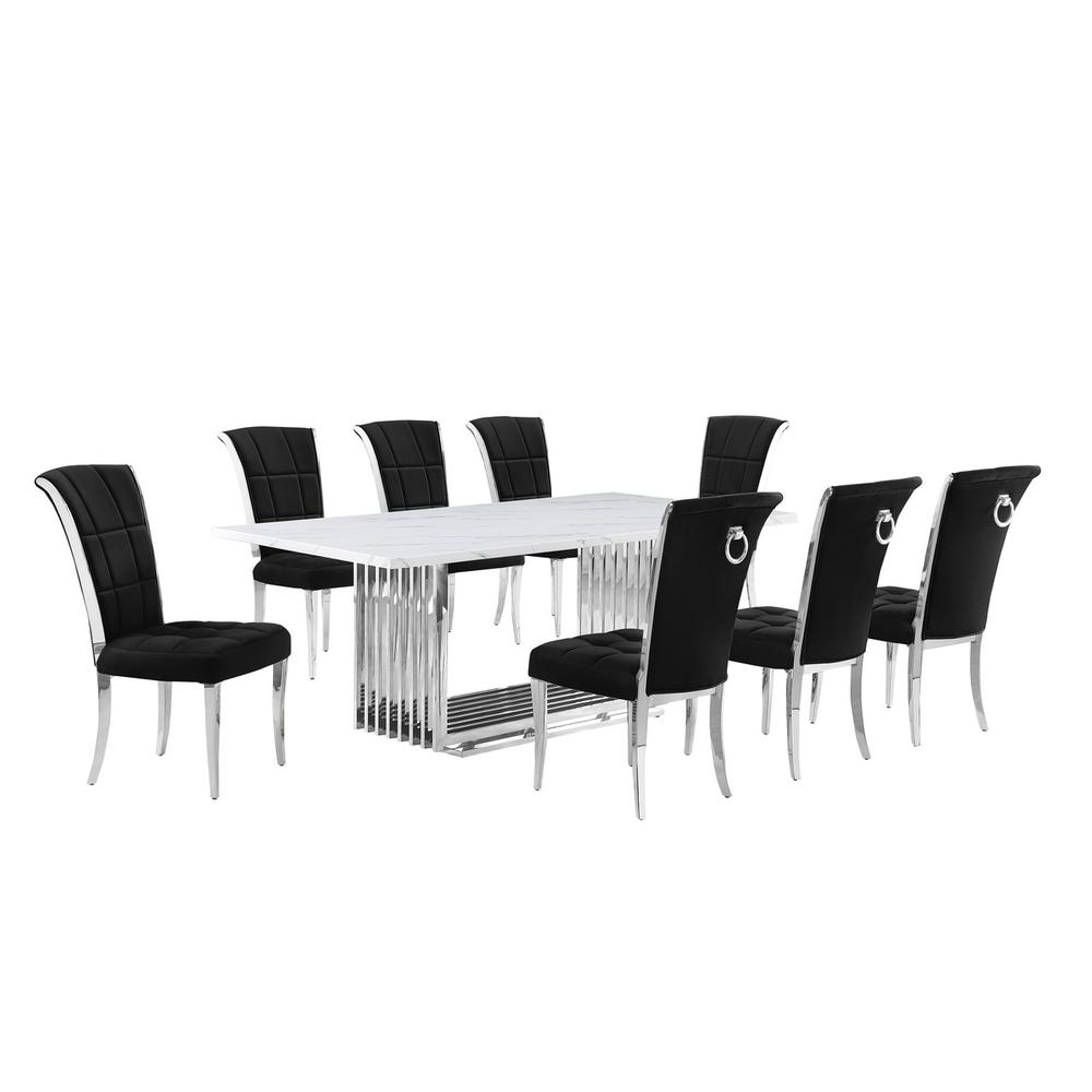 9pc Large(79") marble top dining set with silver base and 8 Black side chairs. Picture 1