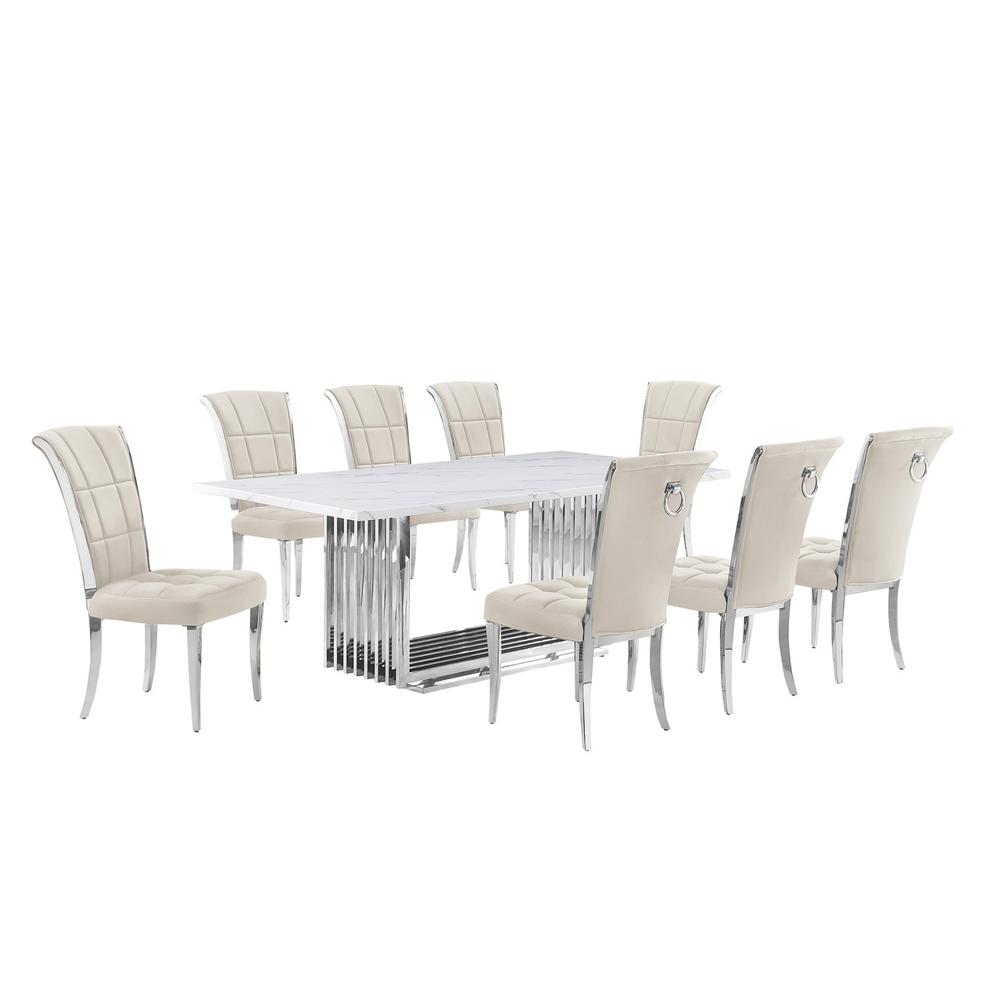 9pc Large(79") marble top dining set with silver base and 8 cream side chairs. Picture 1