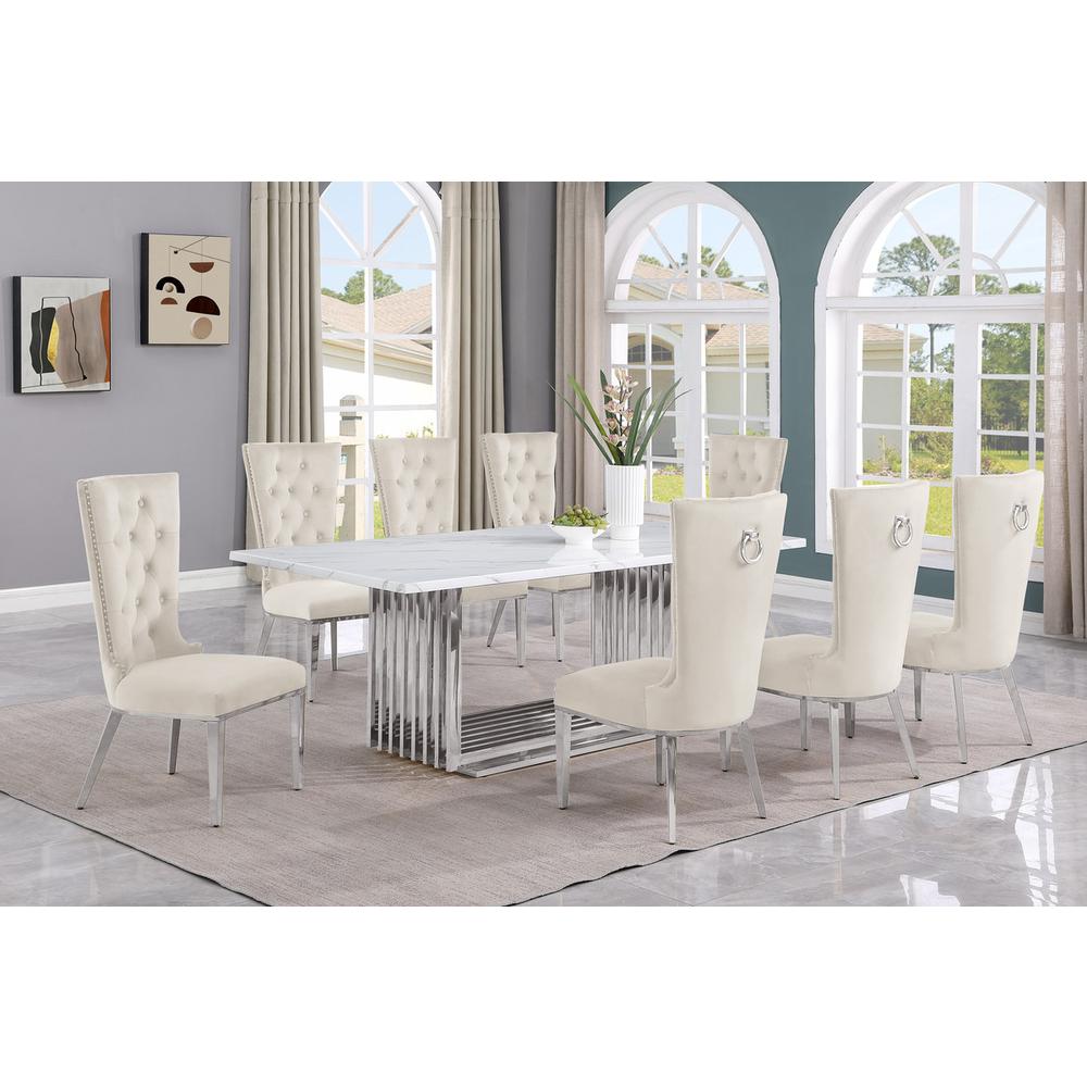 9pc Large(79") marble top dining set with silver base and 8 cream side chairs. Picture 5