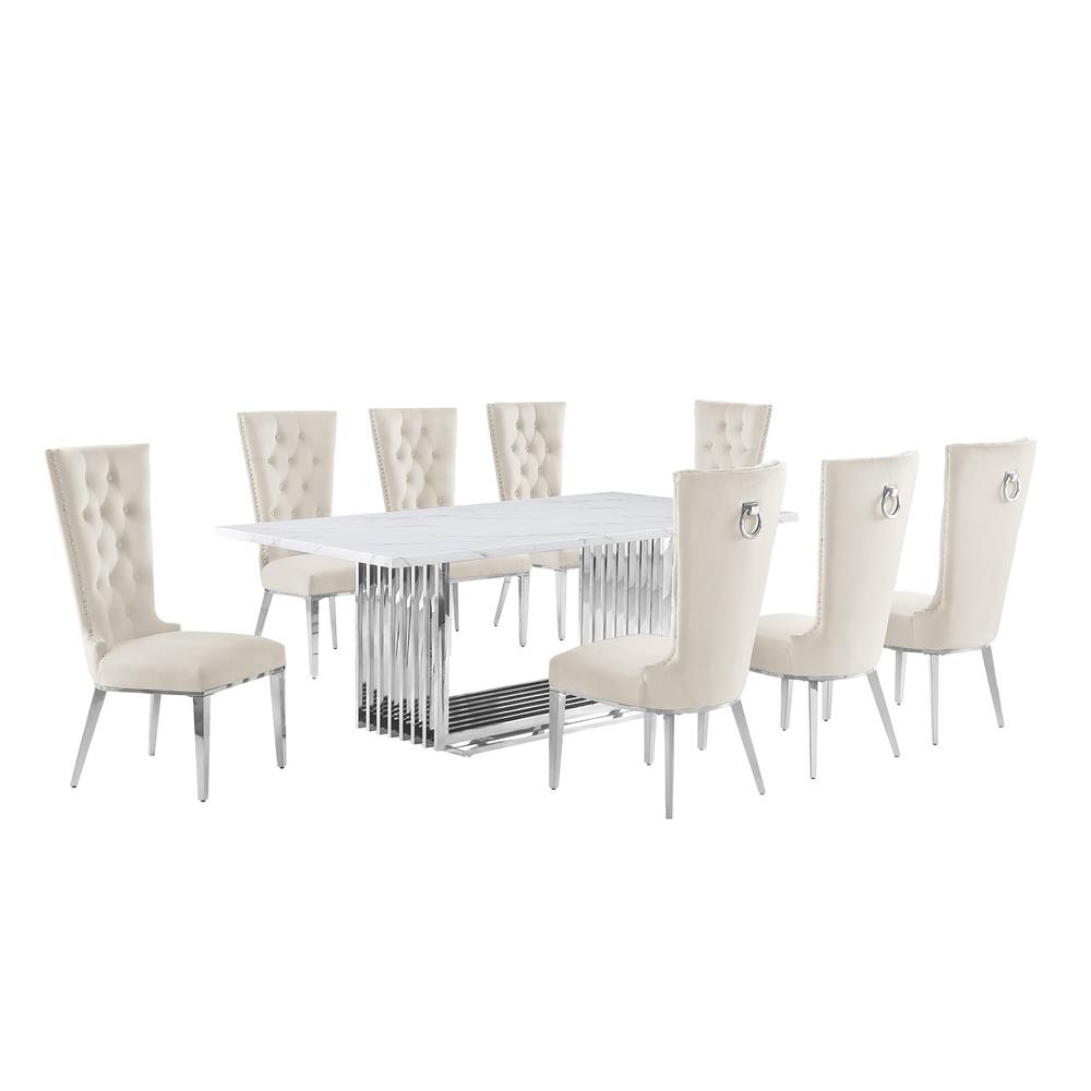 9pc Large(79") marble top dining set with silver base and 8 cream side chairs. Picture 1