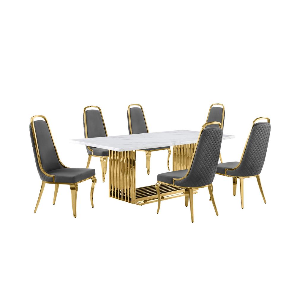 7pc Small(68") marble top dining set with gold base and 6 Dark grey side chairs. Picture 1