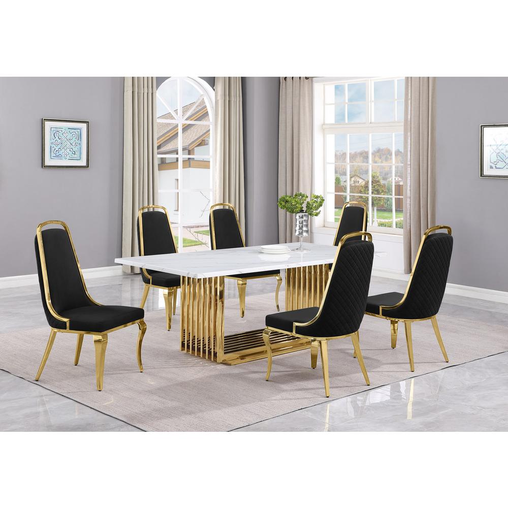 7pc Small(68") marble top dining set with gold base and 6 Black side chairs. Picture 5