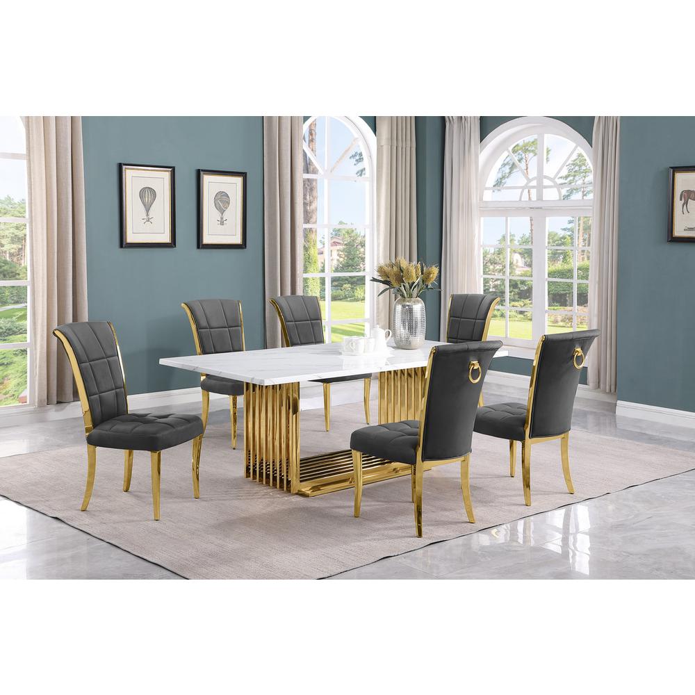 7pc Small(79") marble top dining set with gold base and 6 Dark grey side chairs. Picture 5