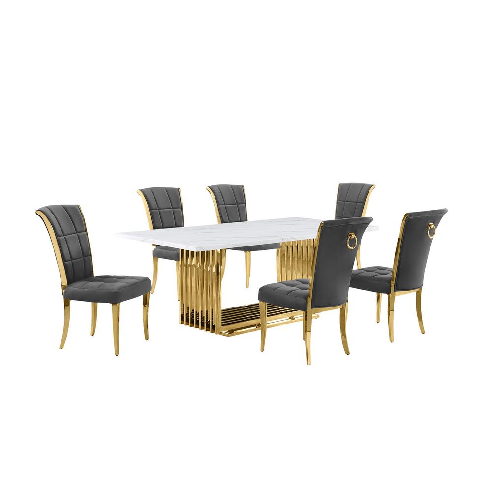7pc Small(79") marble top dining set with gold base and 6 Dark grey side chairs. Picture 1