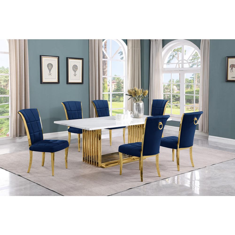 7pc Small(79") marble top dining set with gold base and 6 Navy Blue side chairs. Picture 5
