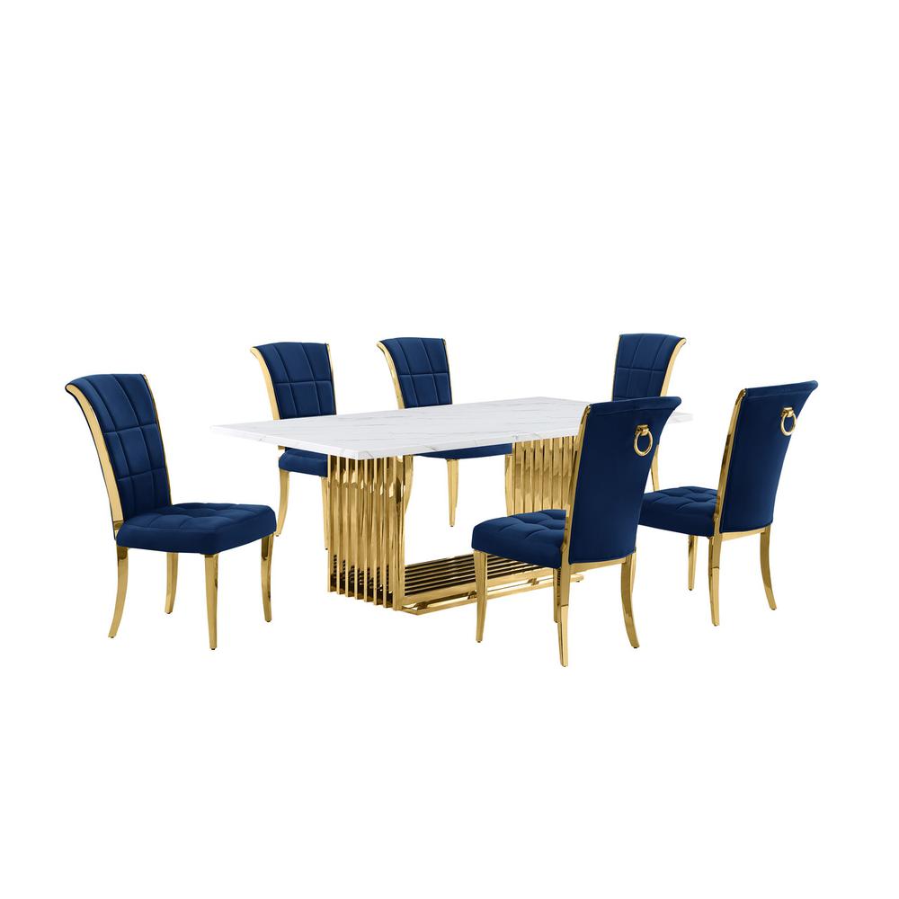 7pc Small(79") marble top dining set with gold base and 6 Navy Blue side chairs. Picture 1