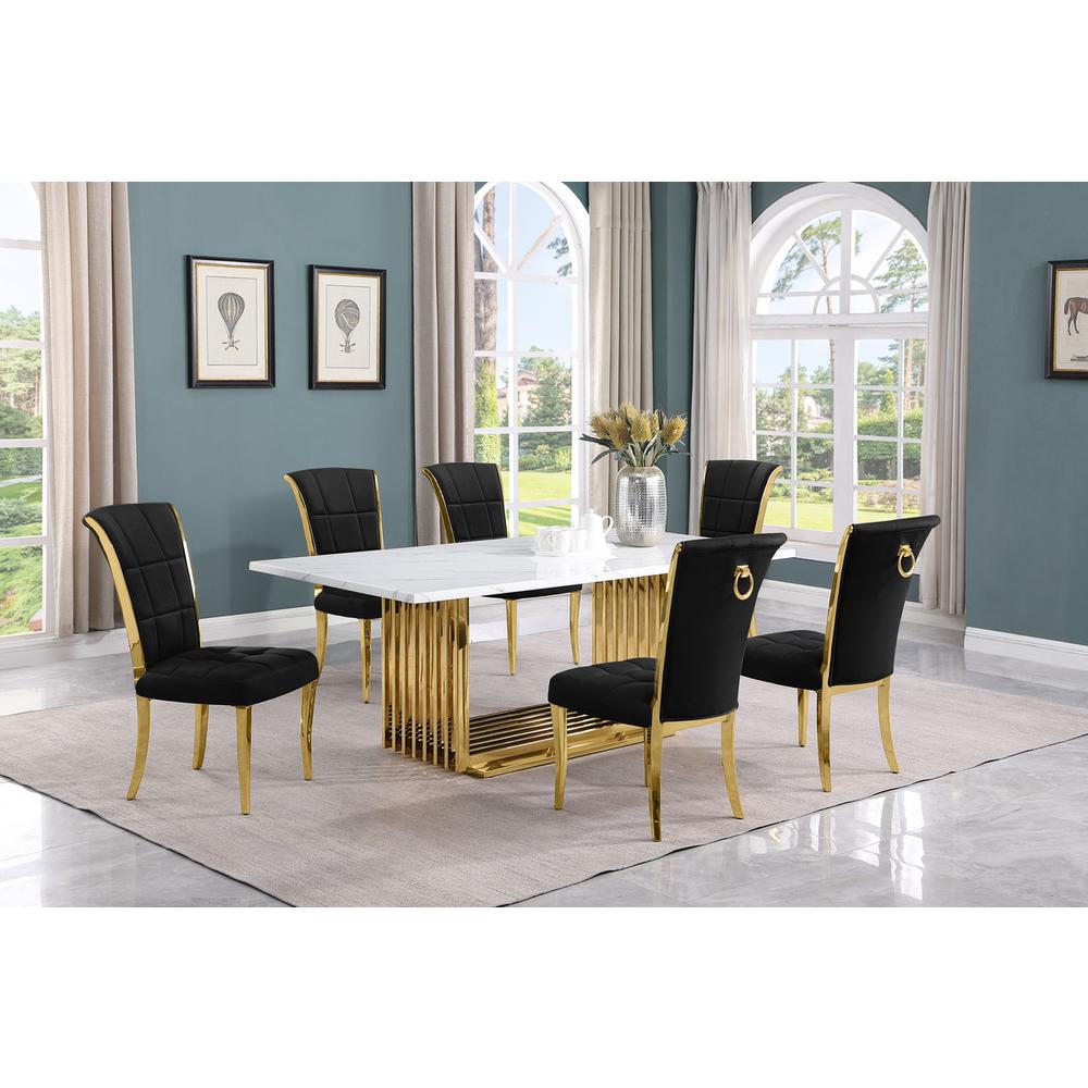 7pc Small(79") marble top dining set with gold base and 6 Black side chairs. Picture 5