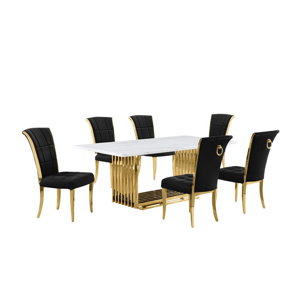 7pc Small(79") marble top dining set with gold base and 6 Black side chairs. Picture 1