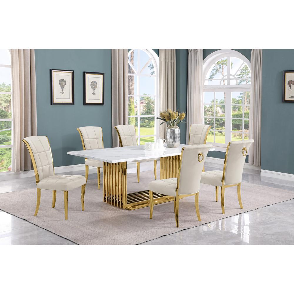 7pc Small(79") marble top dining set with gold base and 6 Cream side chairs. Picture 5