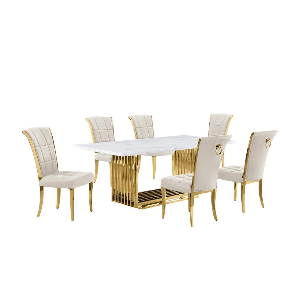 7pc Small(79") marble top dining set with gold base and 6 Cream side chairs. Picture 1