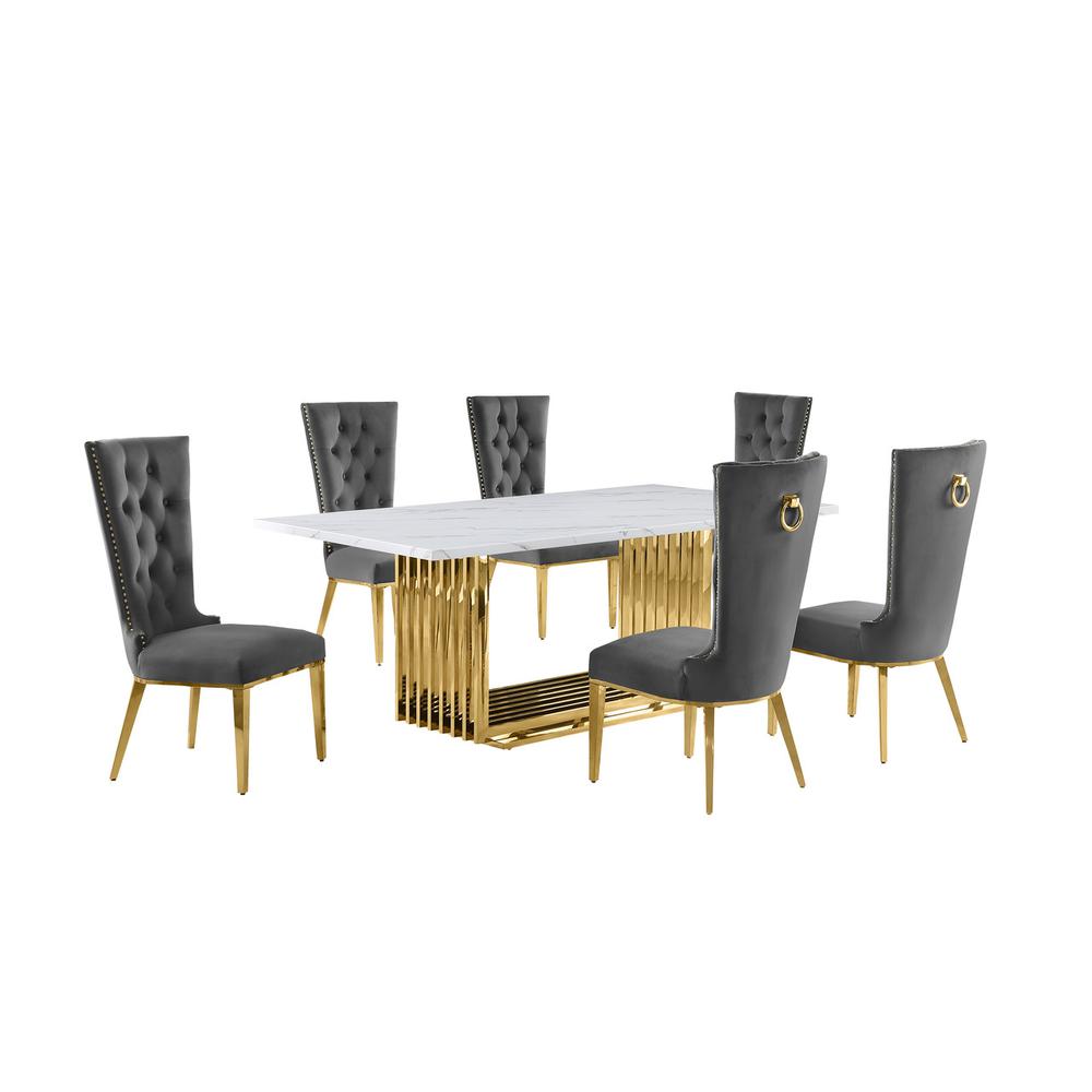 7pc Large(79") marble top dining set with gold base and 6 Dark grey side chairs. Picture 1
