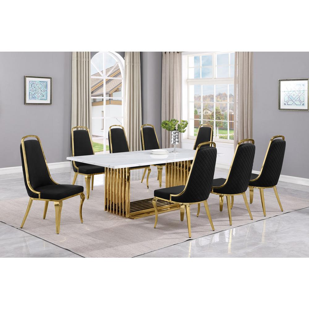 9pc Large(79") marble top dining set with gold base and 8 Black side chairs. Picture 5