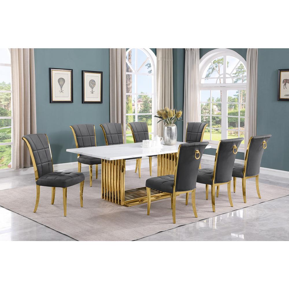 9pc Large(79") marble top dining set with gold base and 8 Dark grey side chairs. Picture 5