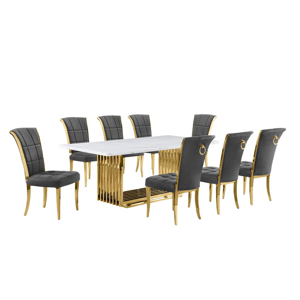 9pc Large(79") marble top dining set with gold base and 8 Dark grey side chairs. Picture 1