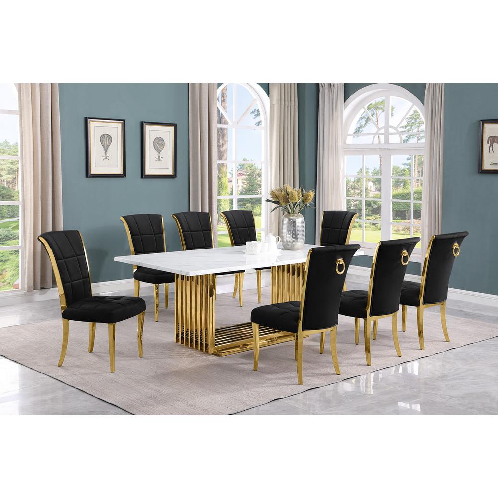 9pc Large(79") marble top dining set with gold base and 8 Black side chairs. Picture 5