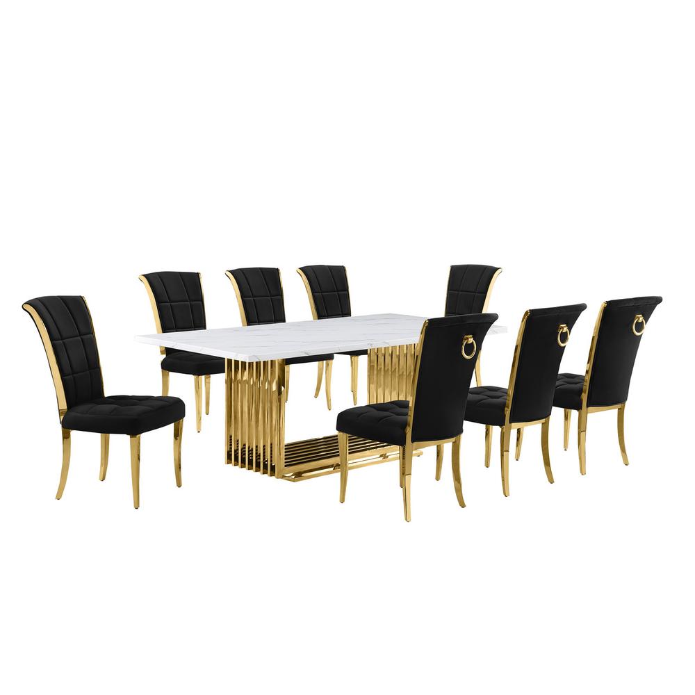 9pc Large(79") marble top dining set with gold base and 8 Black side chairs. Picture 1