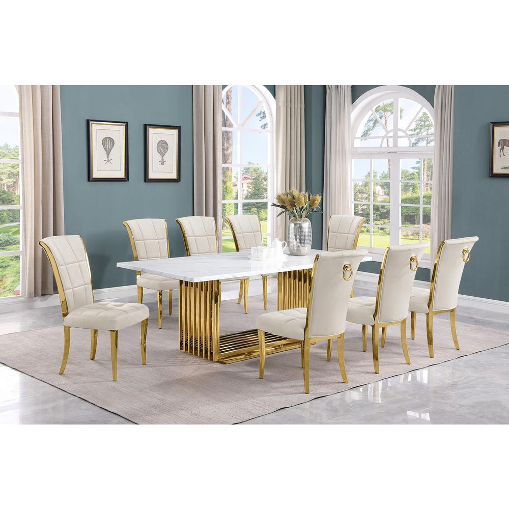 9pc Large(79") marble top dining set with gold base and 8 Cream side chairs. Picture 5