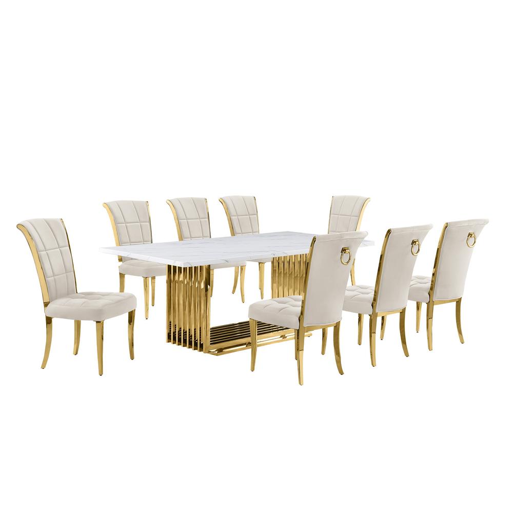 9pc Large(79") marble top dining set with gold base and 8 Cream side chairs. Picture 1