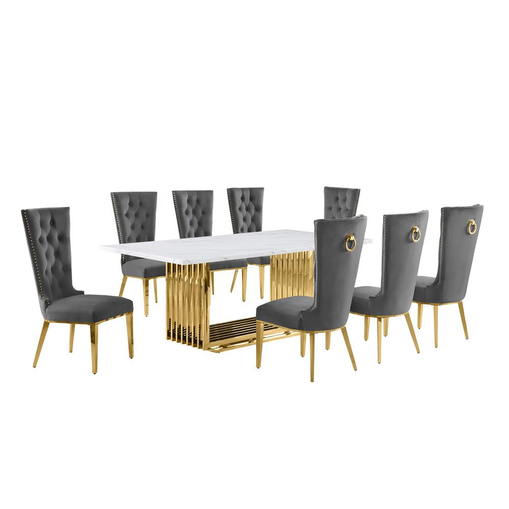 9pc Large(79") marble top dining set with gold base and 8 Dark grey side chairs. Picture 1