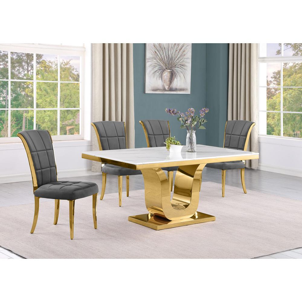 5pc Small(66") marble top dining set with gold base and 4 Dark grey side chairs. Picture 5