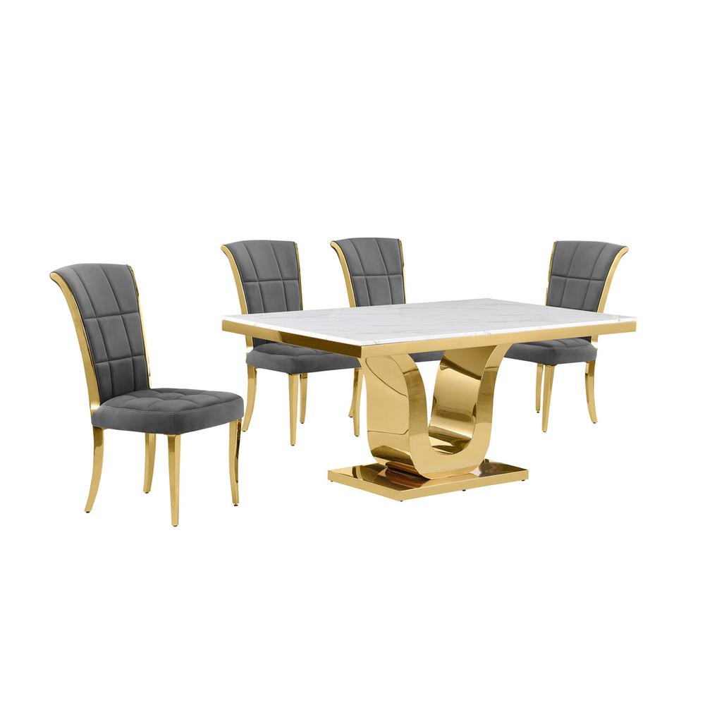 5pc Small(66") marble top dining set with gold base and 4 Dark grey side chairs. Picture 1