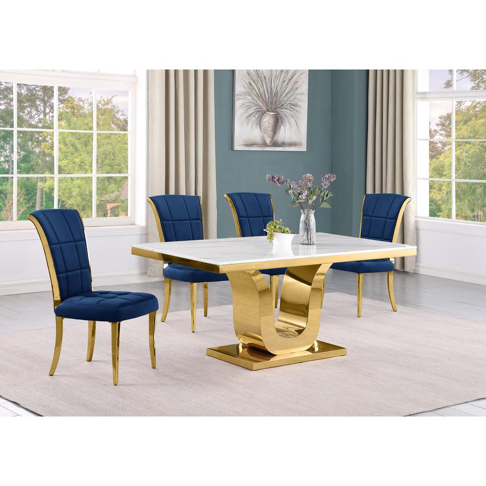 5pc Small(66") marble top dining set with gold base and 4 Navy blue chairs. Picture 5