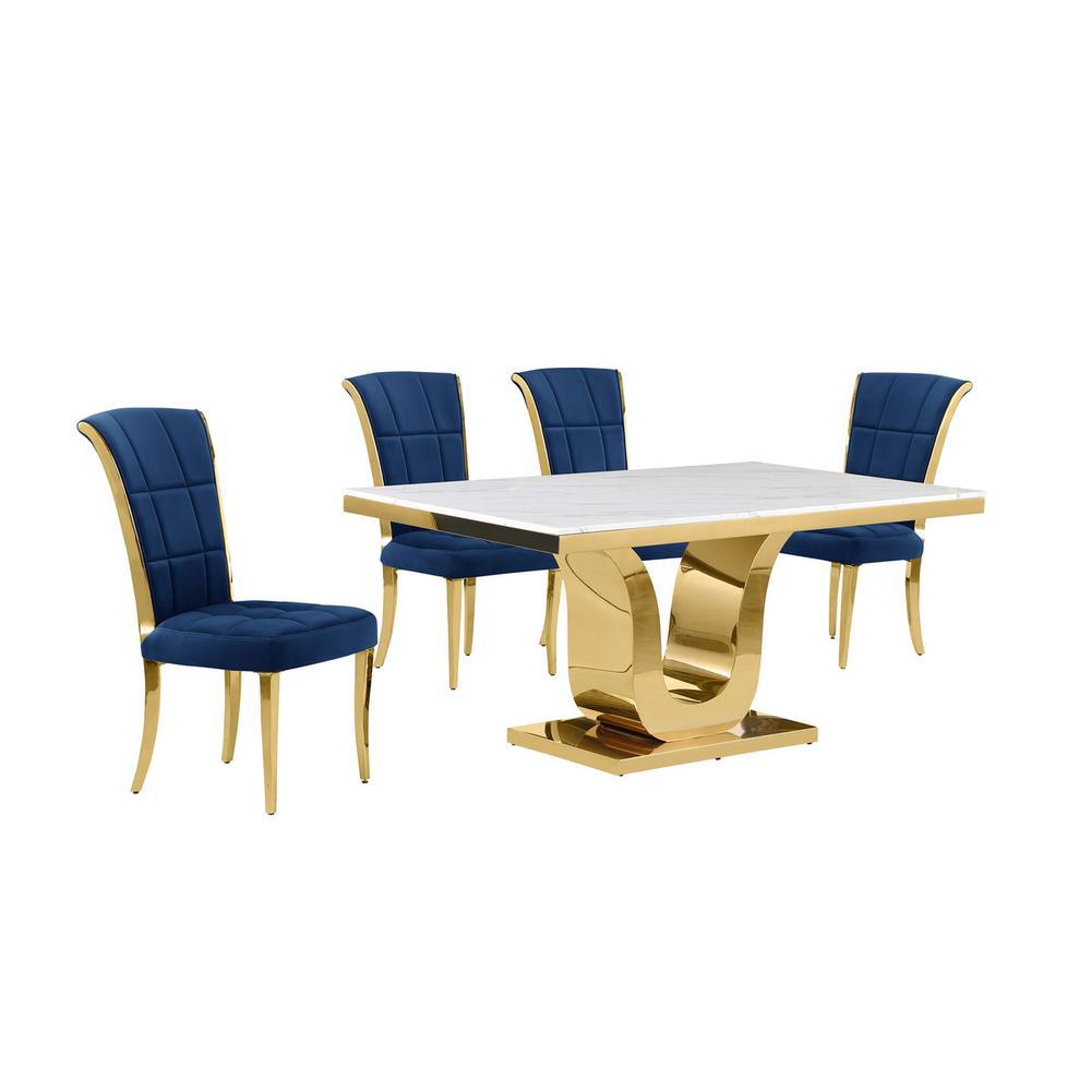 5pc Small(66") marble top dining set with gold base and 4 Navy blue chairs. Picture 1