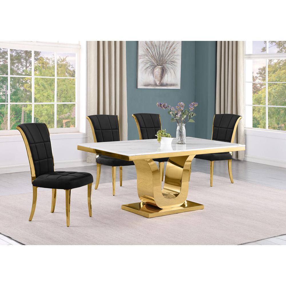5pc Small(66") marble top dining set with gold base and 4 Black side chairs. Picture 5