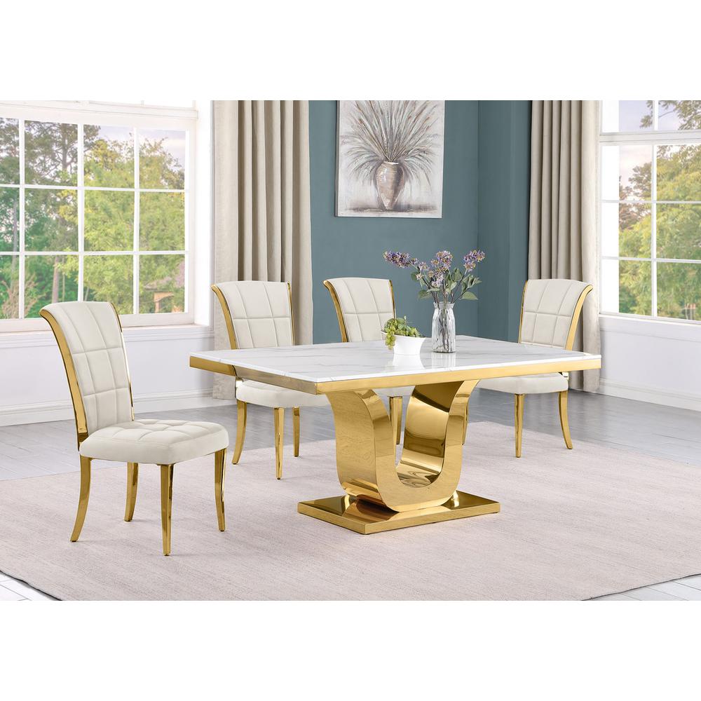 5pc Small(66") marble top dining set with gold base and 4 Cream side chairs. Picture 5