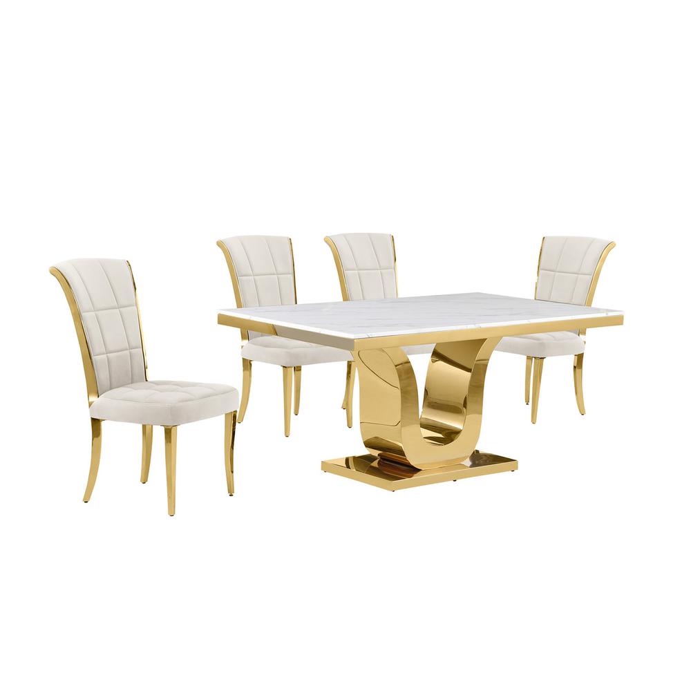 5pc Small(66") marble top dining set with gold base and 4 Cream side chairs. Picture 1