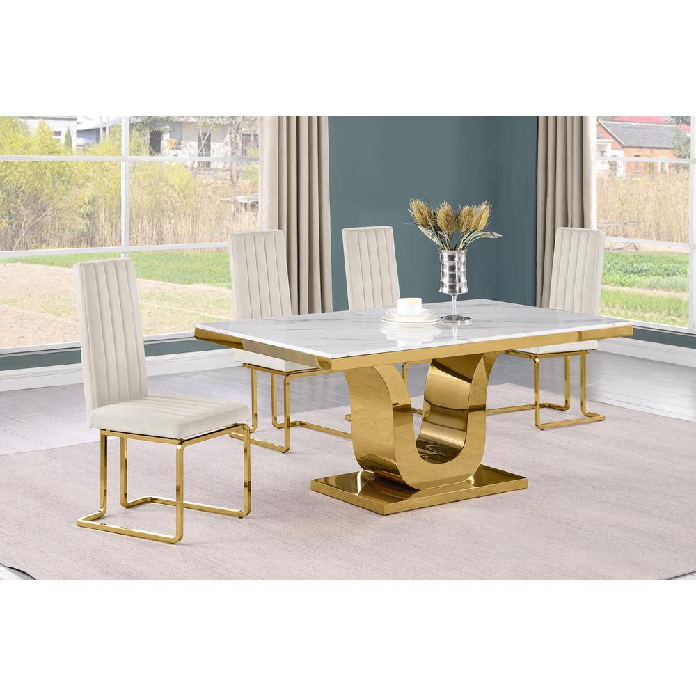 5pc Small(66") marble top dining set with gold base and 4 Cream side chairs. Picture 5