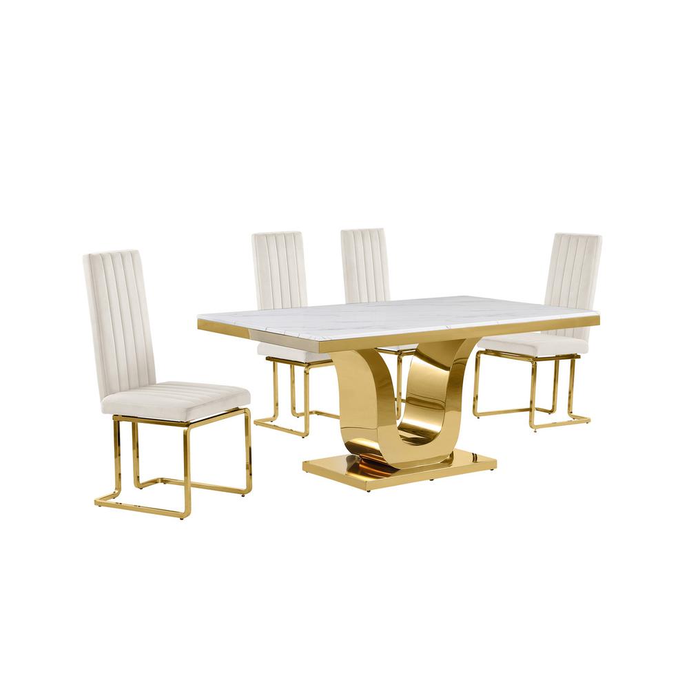 5pc Small(66") marble top dining set with gold base and 4 Cream side chairs. Picture 1