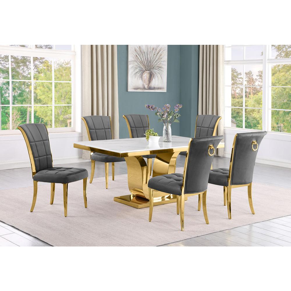 7pc Small(66") marble top dining set with gold base and 6 Dark grey side chairs. Picture 5