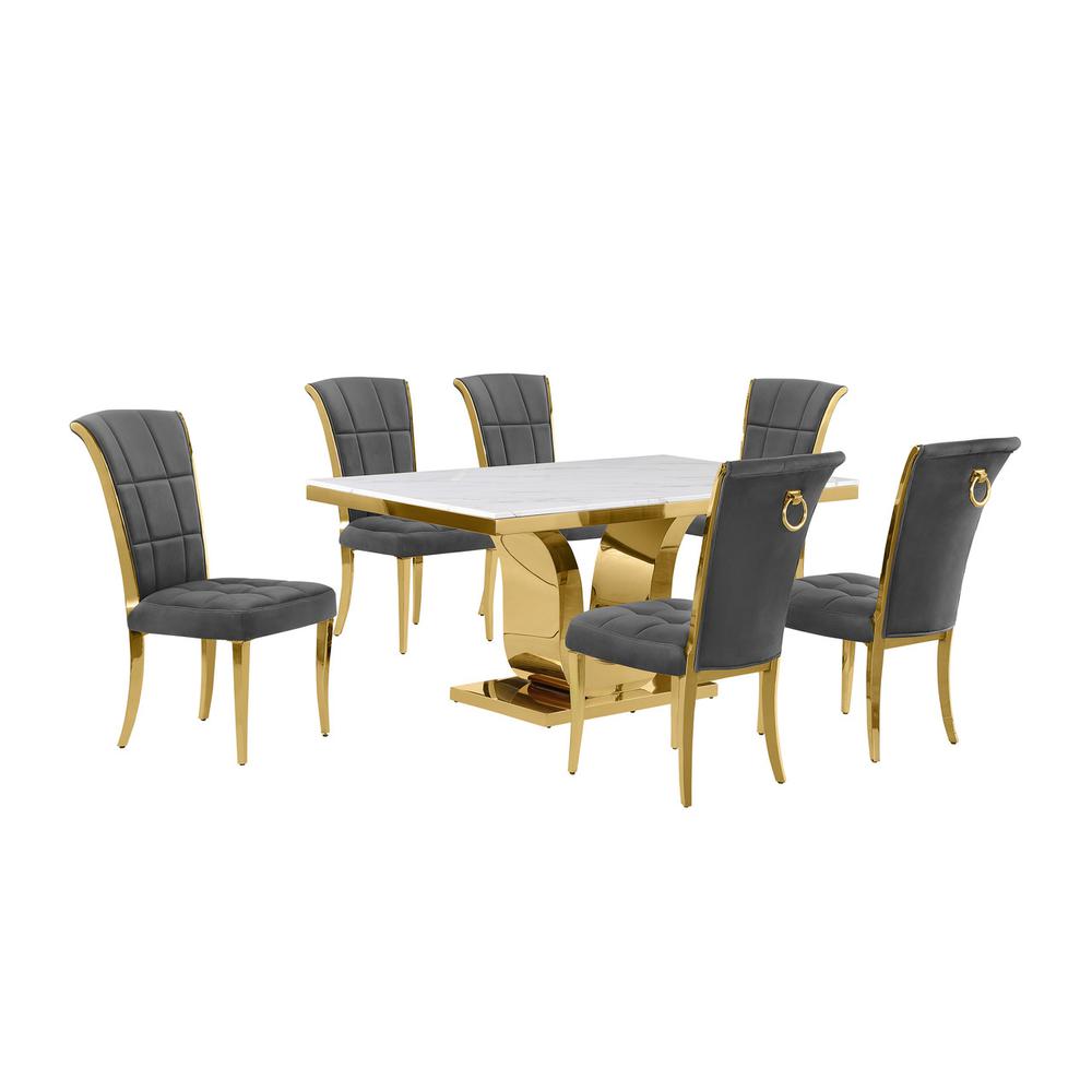 7pc Small(66") marble top dining set with gold base and 6 Dark grey side chairs. Picture 1