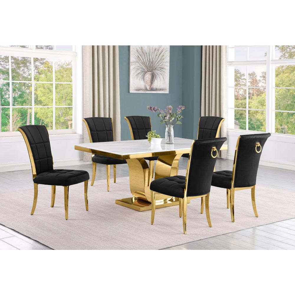 7pc Small(66") marble top dining set with gold base and 6 Black side chairs. Picture 5