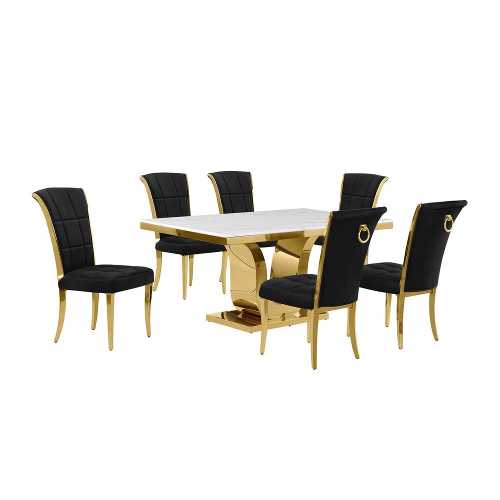 7pc Small(66") marble top dining set with gold base and 6 Black side chairs. Picture 1
