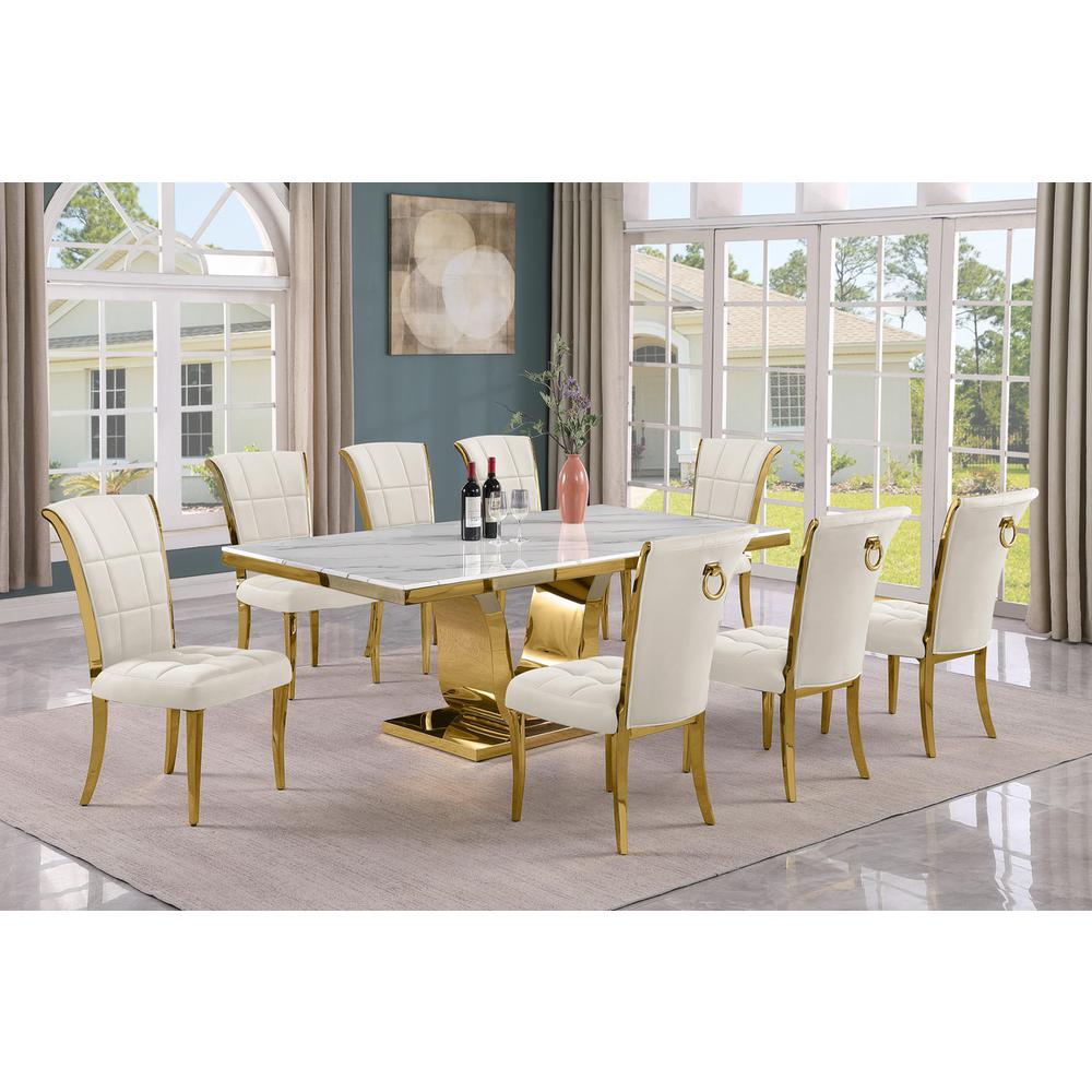 9pc Large(78") marble top dining set with gold base and 8 Cream side chairs. Picture 5